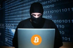 Tajanstveni haker analizira Bitcoin u mračnoj atmosferi ispunjenoj binarnim kodom.