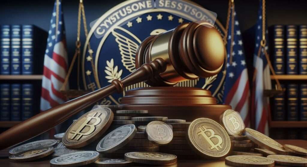 Zakon i kriptovalute: sudski čekić, Bitcoin novčići i američke zastave u simulaciji pravne regulacije.