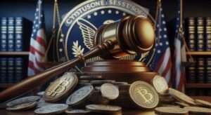 Zakon i kriptovalute: sudski čekić, Bitcoin novčići i američke zastave u simulaciji pravne regulacije.