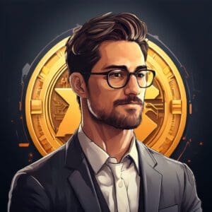 Modern CEO in cryptocurrency portrait with gold coin background.