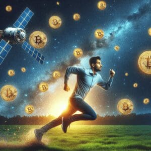 Trkač sprinta prema budućnosti, okružen Bitcoin simbolima u svemirskom ambijentu.