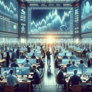 Trgovci na burzi analiziraju podatke u užurbanom i dinamičnom okruženju tržišnih aktivnosti.