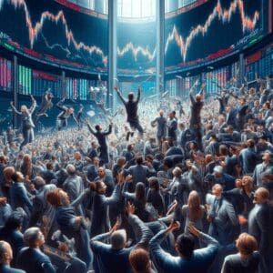 Dinamičan burzovni trgovački pod s trgovcima u akciji i promjenjivim cijenama dionica.