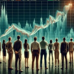 Grupa analitičara analizira uzlazne trendove na tržištu pomoću velikog digitalnog ekrana.