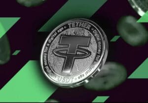Sjajni Tether (USDT) novčić s modernim dizajnom i futurističkom pozadinom.