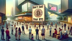 Futuristički gradski trg s ljudima i Bitcoin oglasom u središtu.