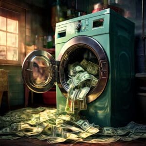 Retro perilica ispunjena dolarima simbolizira pranje novca u tamnoj i misterioznoj prostoriji.