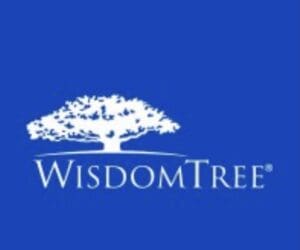 Logo WisdomTree s drvetom, bijelim slovima, na plavoj pozadini, simbol rasta i pouzdanosti.