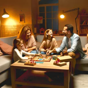 Obitelj se zabavlja igrajući društvene igre u udobnom i toplom dnevnom boravku.