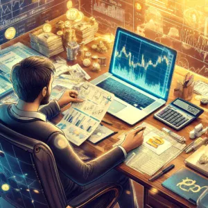 Čovjek analizira financijska tržišta uz računalo, novčanice i kriptovalute na radnom stolu.