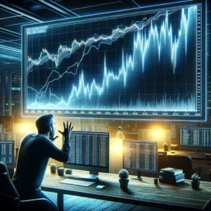 Analitičar promatra uzbudljive financijske trendove na velikom ekranu u modernom uredu.