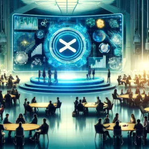 Futuristička konferencija o kriptovalutama s raspravama i digitalnim prikazima inovativnih tehnologija.