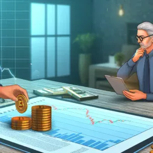 Muž analizira financijske trendove s Bitcoinom i novinama u modernom uredu.