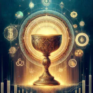 Zlatni kalež okružen simbolima drevne mudrosti i suvremenih tehnologija u mističnom ambijentu.