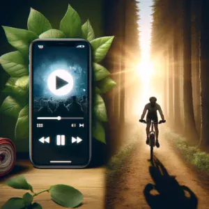 Tehnologija i priroda: pametni telefon i biciklist u sunčanoj šumi.