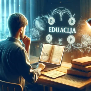 Muškarac istražuje obrazovanje kroz knjige i digitalne simbole u moderno osvijetljenoj sobi.