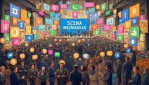 Konferencija o kriptovalutama s energičnim sudionicima i tehnološkim simbolima.