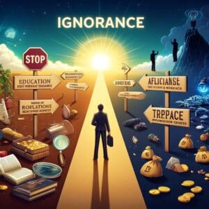 Izbor između znanja i neznanja prikazan kroz simboliku i kontrast prizora.