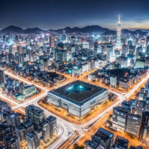 Noćni pogled na modernu Južnu Koreju iz aviona, simbolizirajući inovacije u blockchain tehnologiji i podršku vlade za digitalnu transformaciju.