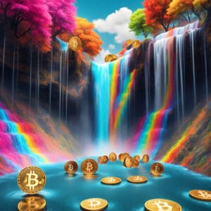Vodopadi s bitcoinima - priljevi kapitala u digitalnom svijetu. Fotografija prirodnih vodopada s digitalnim simbolima bitcoina