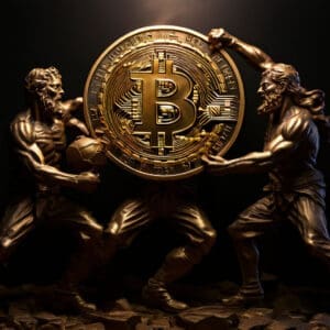 Mitološke figure se bore za Bitcoin, simbolizirajući sukob u modernim financijama.