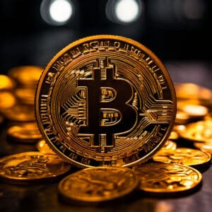 Zlatne bitcoin kovanice s detaljnim simbolom, simbol budućnosti digitalne valute.