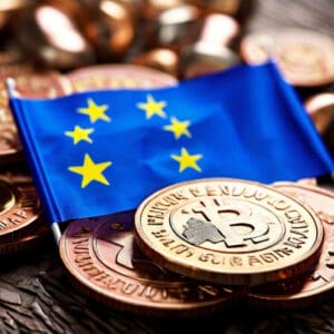 Bitcoin novčići s europskom zastavom, simboli nove digitalne ekonomije.
