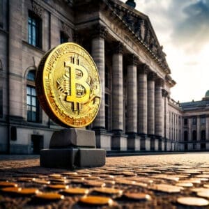 Bitcoin simbolizira digitalnu imovinu ispred klasične banke, spajajući tradiciju s inovacijom.