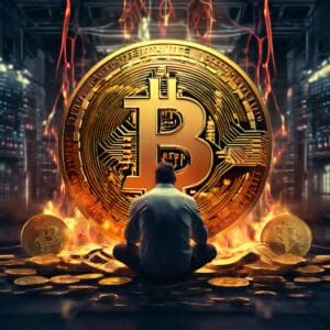 Bitcoin simbolizira inovacije, dok figura meditira u tehnološkom okruženju.