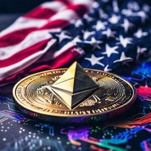 Ethereum novčić s američkom zastavom u pozadini i apstraktnim dizajnom sklopova.