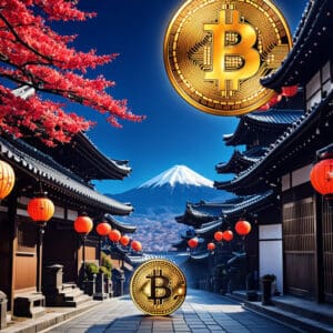 Pogled na japansko brdo s Bitcoinom u zraku i na cesti, ilustracija japanske napredne uloge u kriptoindustriji. Kriptovalute u Japanu sve više se koriste