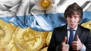 Javier Milei u odijelu, uz argentinsku zastavu, podržava Bitcoin kao predsjednik.