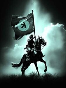 Samotna jahačica na konju ponosno nosi zastavu pod dramatičnim oblakom.