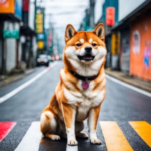 hiba Inu kriptovaluta - simbol virtualne valute s crvenom maskotom kako sjedi na cesti.. Razmislja o bitcoinu i kriptovalutama i tokenima. Shiba inu potencijal tokena