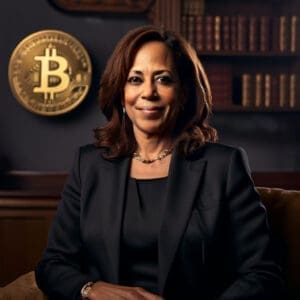 Žena u poslovnom odijelu s Bitcoin simbolom u uredu, simbolizirajući inovaciju i stručnost.