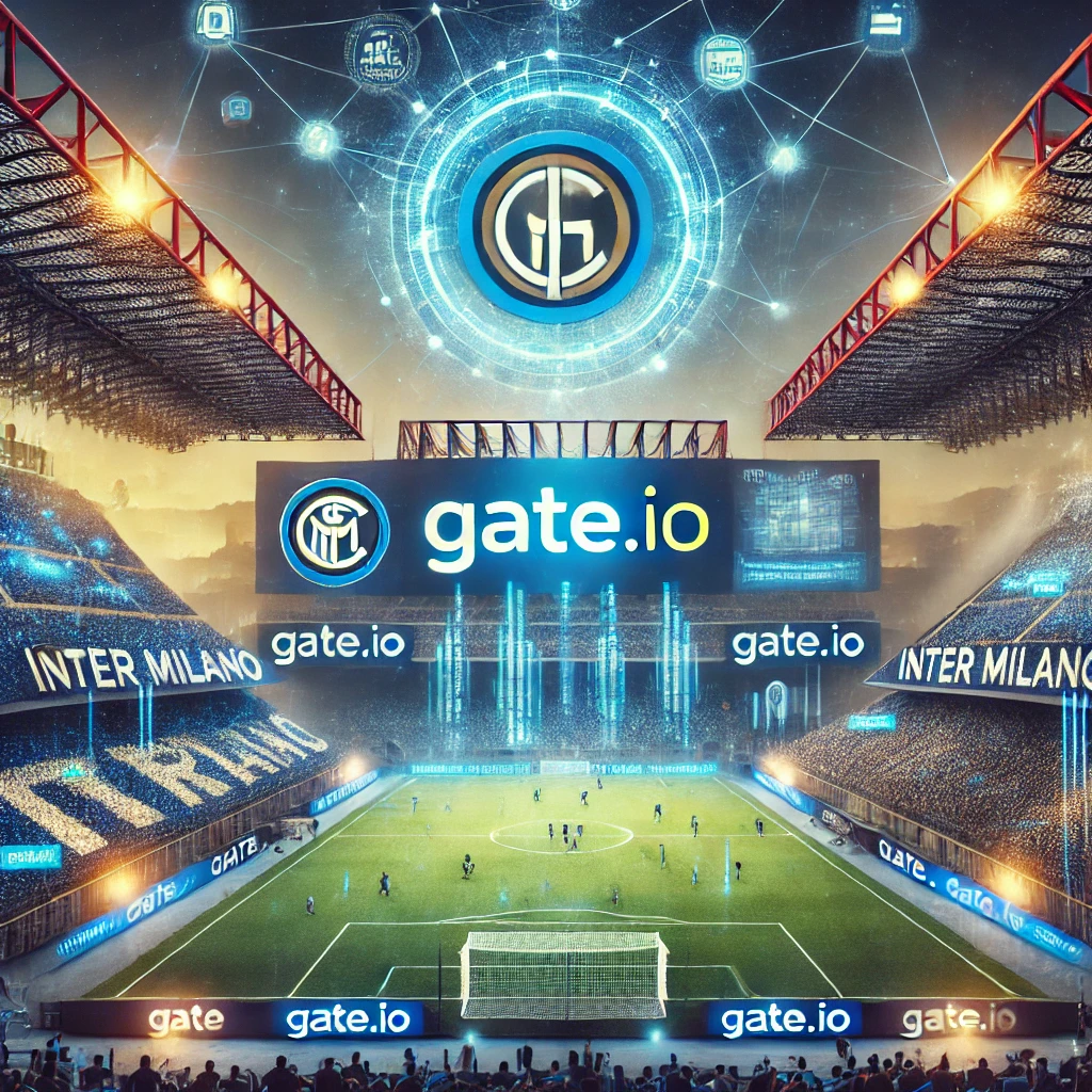 Slika prikazuje stadion San Siro s LED reklamama Gate.io tijekom nogometne utakmice. U pozadini se vidi digitalna mreža koja simbolizira blockchain tehnologiju, dok su elementi loga Inter Milano i Gate.io integrirani u dinamičnu scenu. Slika predstavlja modernu fuziju nogometa i kriptovaluta