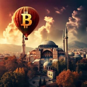 Bitcoin balon iznad povijesne arhitekture: spoj tradicije i inovacija u Turskoj.