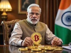 Osoba u formalnom odijelu drži Bitcoin, simbolizirajući kriptovalute i financijsku moć u Indiji.