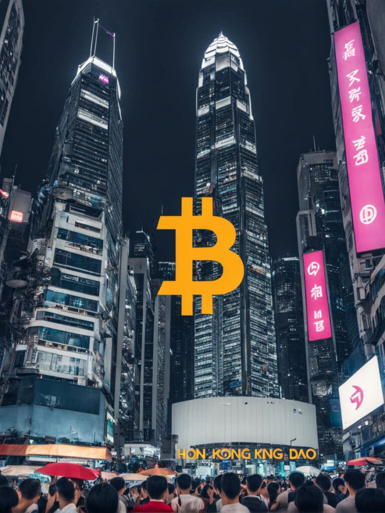 Pogled na Hong Kong uz vizualne elemente blockchain tehnologije.