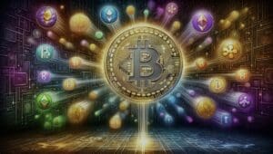 Bitcoin simbolizira središnju ulogu u kripto svijetu, okružen raznobojnim alternativnim valutama.