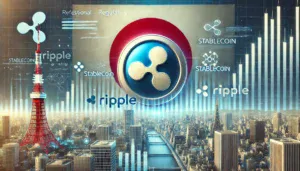 Futuristička ilustracija financijskog tržišta s fokusom na Ripple i stabilcoin u Japanu, prikazuje japansku zastavu i tehnološki grad. Regulacija i financijska tehnologija su u prvom planu.