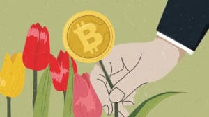 Ruka bere tulipana i drži Bitcoin kovanicu, simbolizirajući ekonomsku spekulaciju.