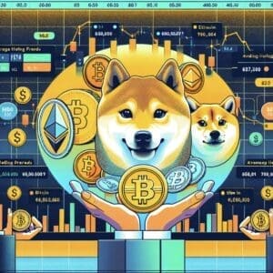 Šiba Inu psi predstavljaju kripto zajednicu uz simbole Bitcoina i Ethereuma u dinamičnom dizajnu.