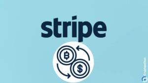 Logo Stripe s Bitcoin i dolar simbolima, fintech, kriptovalute razmjena, CryptoPolis suradnja.