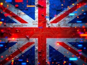 Digital Union Jack with circuit pattern and multicolored lights symbolizing technological fusion.