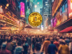 Futuristički grad s Bitcoin simbolom, digitalne reklame, užurbana ulica i dinamična energija.