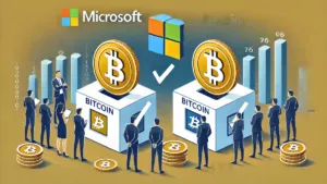 Microsoft logo with Bitcoin symbols, business professionals, and financial growth in digital currency.