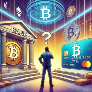 Čovjek razmatra izbor između tradicionalnog bankarstva i kriptovaluta na raskrižju.