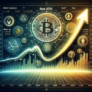 Bitcoin simbol okružen kriptovalutama i grafikonima, simbolizirajući rast i inovacije u tržištu.