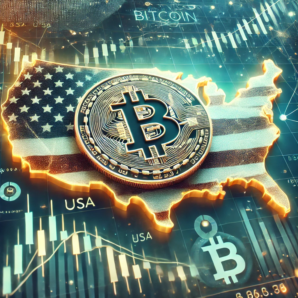 Bitcoin simbol na američkoj mapi simbolizira utjecaj kriptovaluta na ekonomiju SAD-a, Bitcoin – koliko će dugo trajati ovaj Trumpov impuls bitcoina